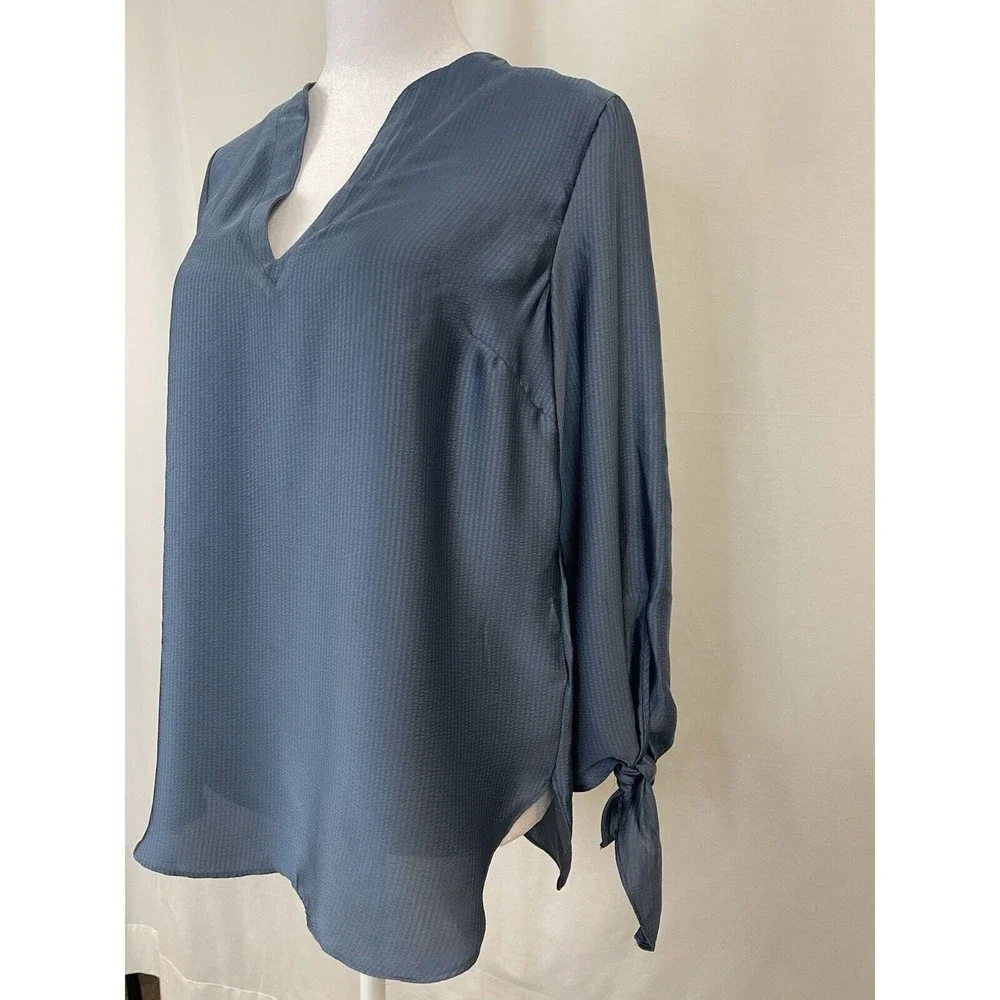 Michael Kors Women XS Blue Navy Solid Satin Tie Top Chambbary Officewear Bow - Picture 3 of 14